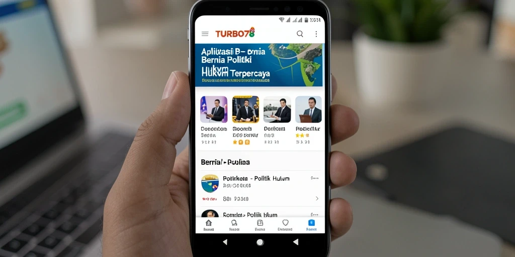 Antarmuka aplikasi TURBO78 yang menampilkan berita politik dan hukum.